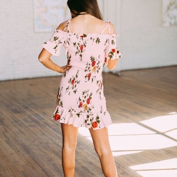 Pink Floral Print Smocked Dress, M - Picture 3 of 5